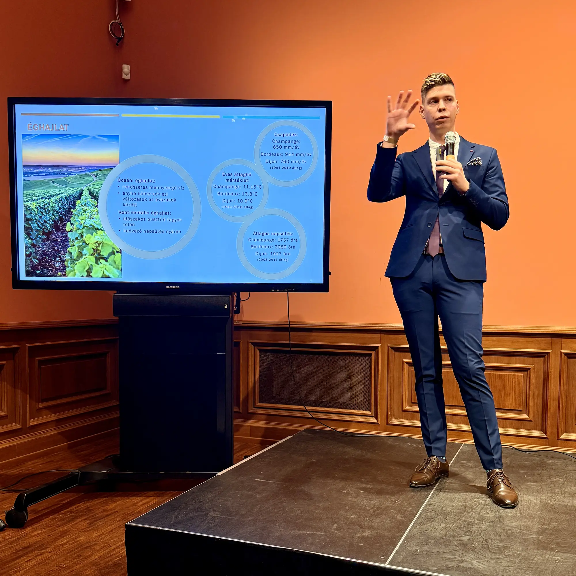 Mate Hajdu giving a talk on Champagne