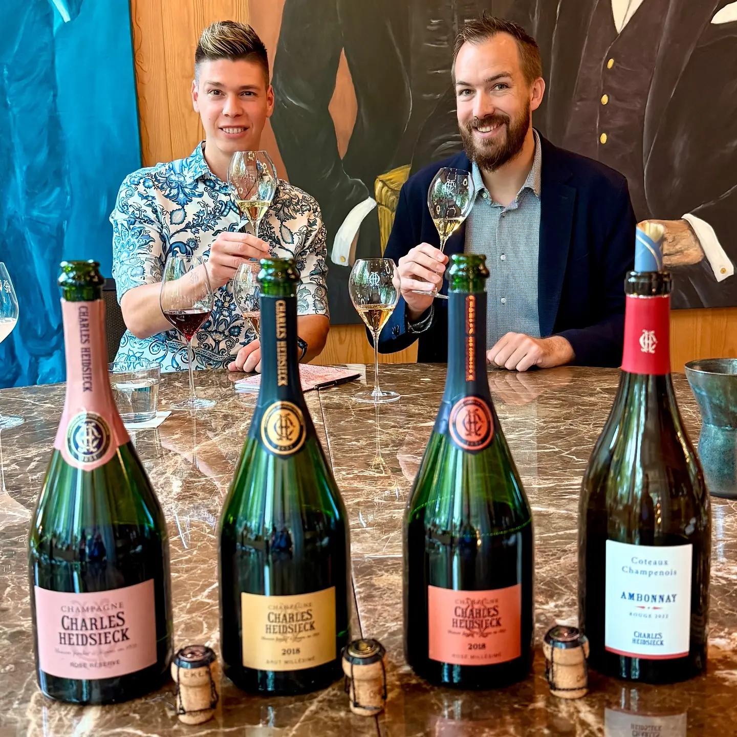 Mate Hajdu and Émilien Erard with the Charles Heidsieck tasting line-up