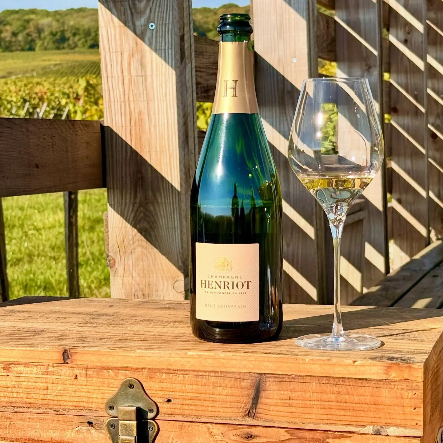 A bottle of Henriot in an Avenay-Val-d’Or vineyard