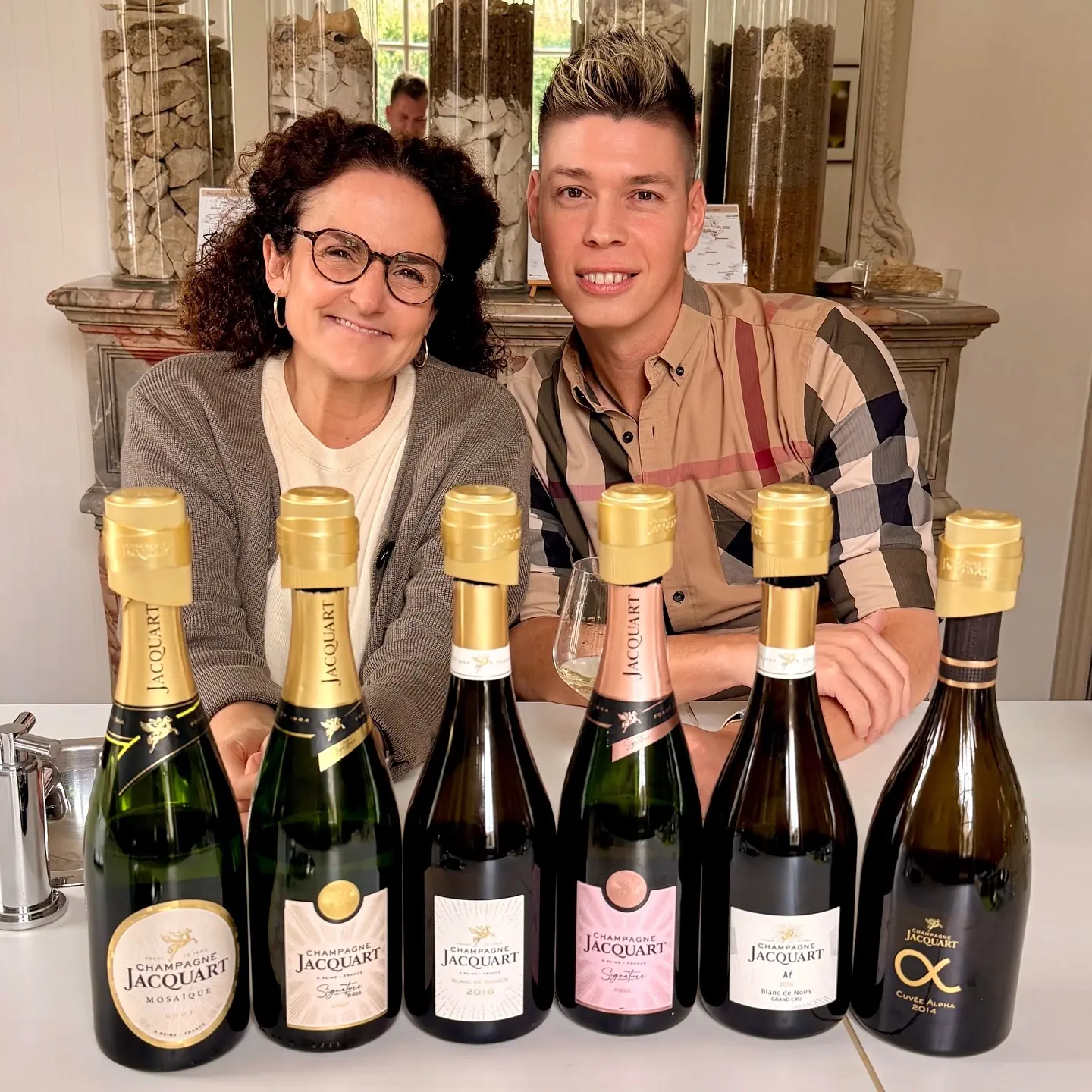 Mate Hajdu and Joëlle Weiss with the Jacquart tasting line-up