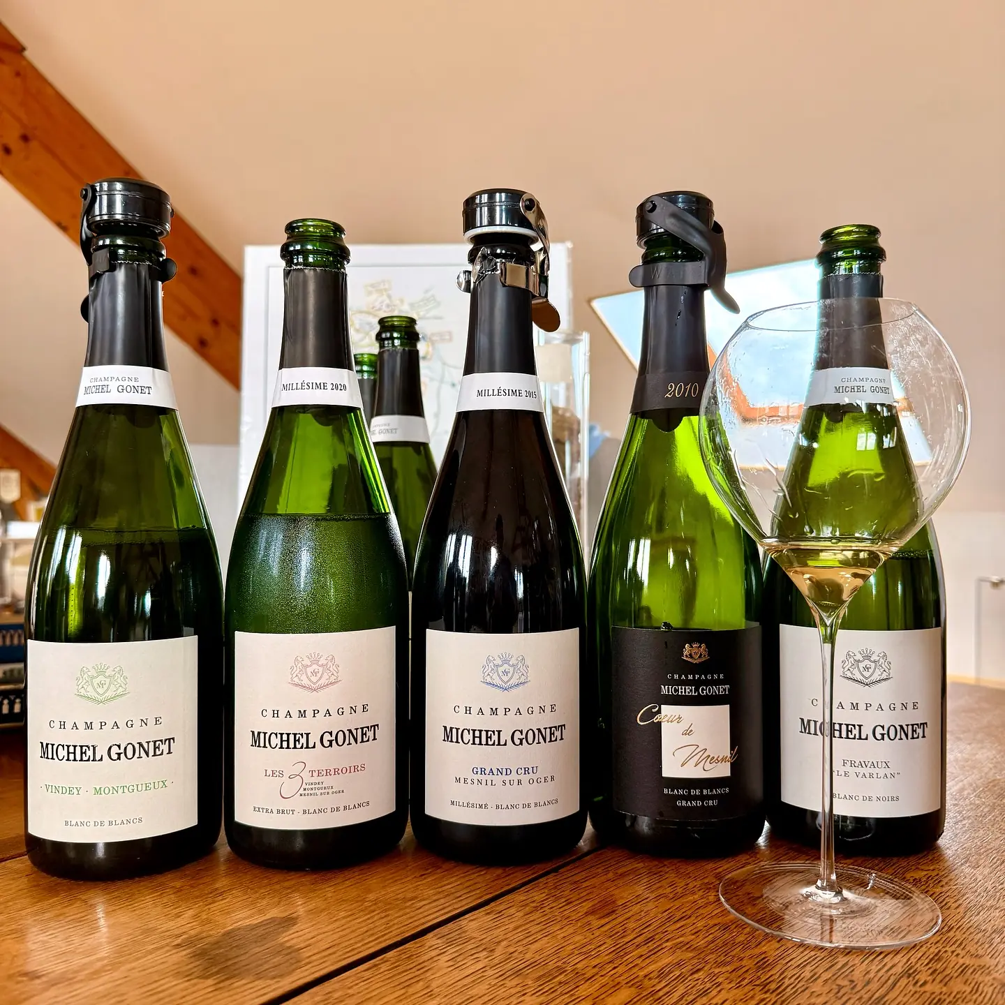 Michel Gonet champagnes on a tasting table
