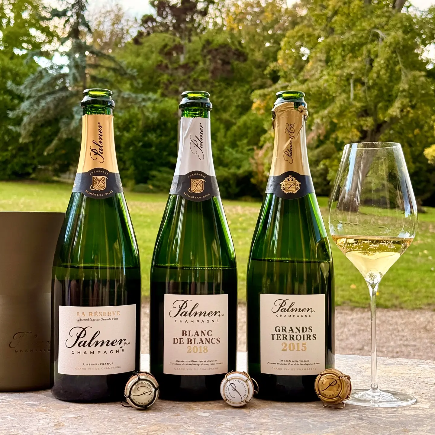 Three Palmer champagnes in the garden of Domaine du Chalet