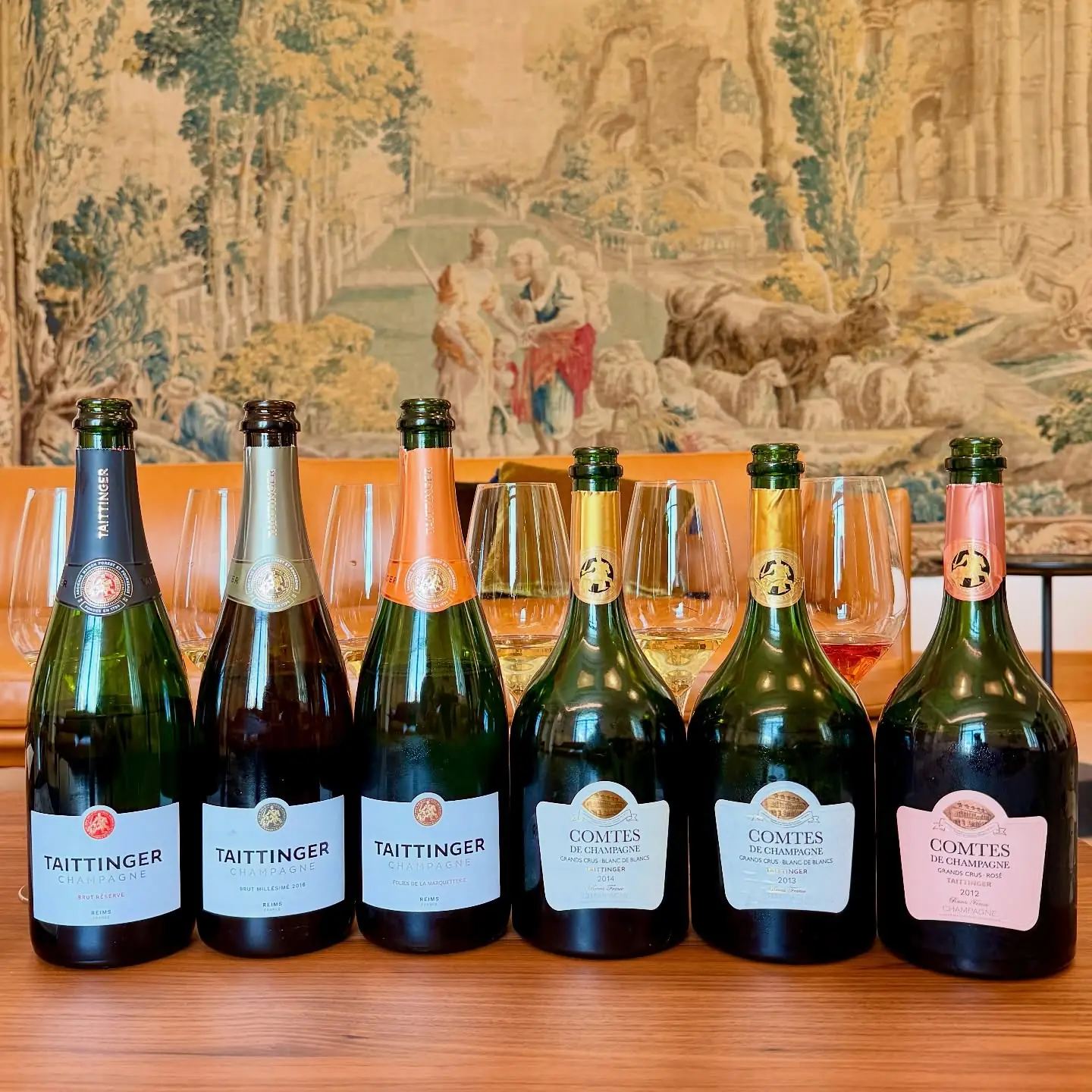 A long tasting line-up of Taittinger champagnes