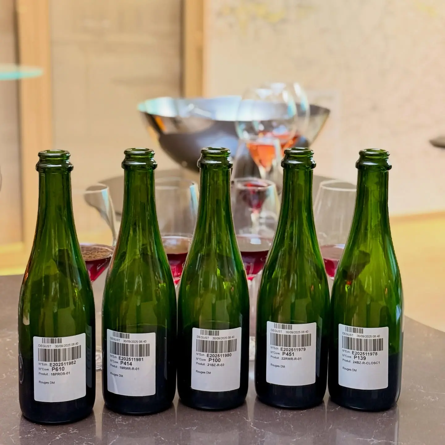 Five Pinot Noir reserve red wines in tasting bottles