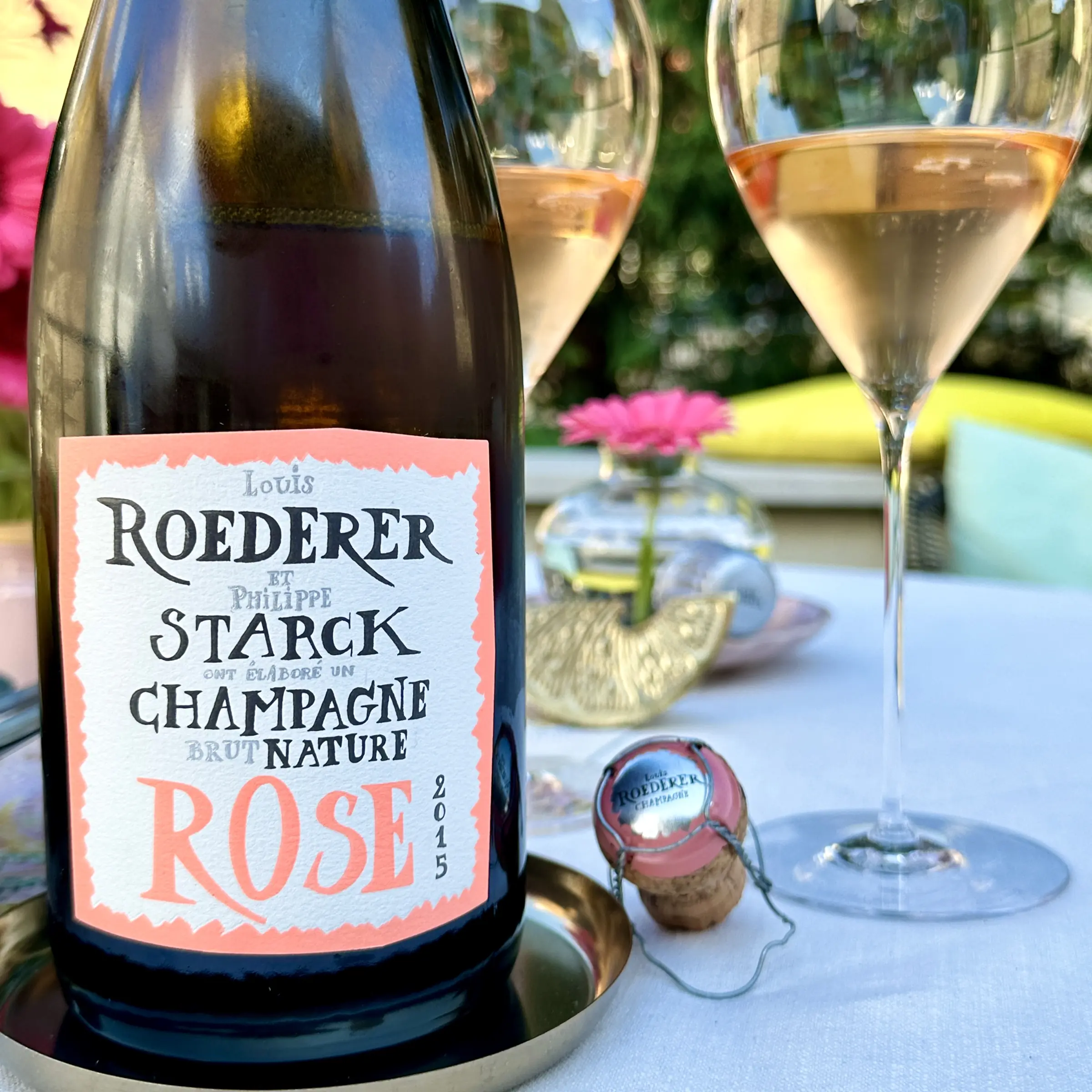 Louis Roederer Brut Nature Rosé Champagne with two glasses